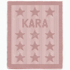 Kara Baby Name Blanket Knitting Pattern showing the name Kara in textured knit and purl lettering with rows of stars, on a solid dusty rose blanket with a garter stitch border, worked in one color, 100 stitches x 190 rows.