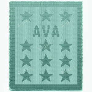 Ava Baby Name Blanket Knitting Pattern showing the name Ava in textured knit and purl lettering with rows of stars, on a solid aqua green blanket with a garter stitch border, worked in one color, 100 stitches x 190 rows.