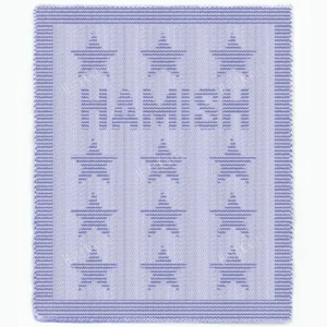 Hamish Baby Name Blanket Knitting Pattern showing the name Hamish in textured knit and purl lettering with rows of stars, on a solid periwinkle blue blanket with a garter stitch border, worked in one color, 100 stitches x 190 rows.