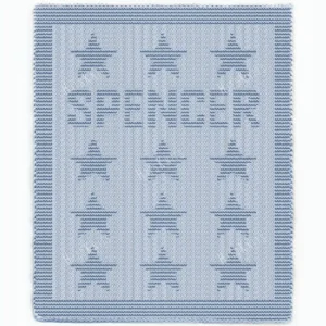 Spencer Baby Name Blanket Knitting Pattern showing the name Spencer in textured knit and purl lettering with a star motif, on a solid baby blue blanket with a garter stitch border, worked in one color, 100 stitches x 190 rows.