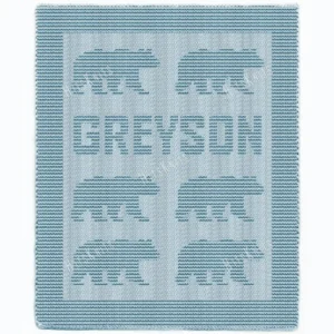 Greyson Bear Name Blanket Knitting Pattern showing the name Greyson in textured knit and purl lettering framed by little bears, on a solid dusty blue blanket with a garter stitch border, worked in one color, 100 stitches x 250 rows.