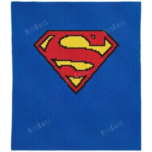 Superman Shield C2C Crochet Blanket Pattern chart showing a red diamond shield with a yellow S and black outline on a blue background, corner to corner crochet colorwork with 4 colors: Blue, Red, Black, and Yellow.
