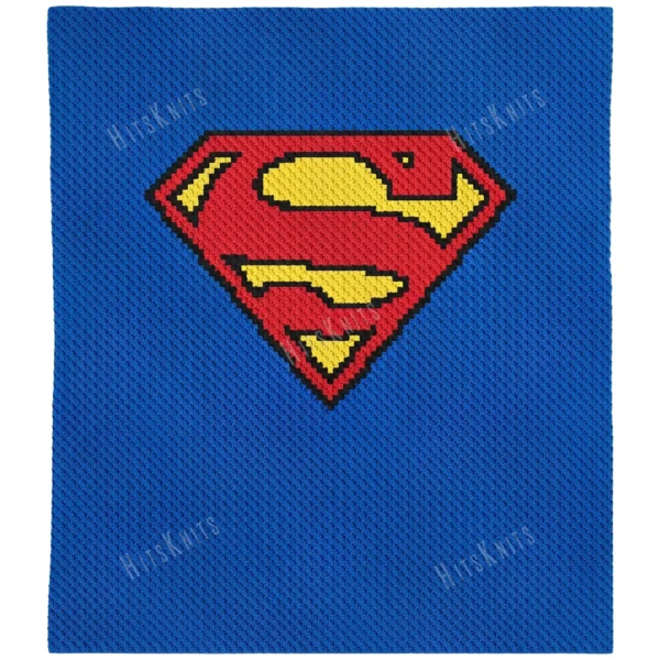 Superman Shield C2C Crochet Blanket Pattern chart showing a red diamond shield with a yellow S and black outline on a blue background, corner to corner crochet colorwork with 4 colors: Blue, Red, Black, and Yellow.