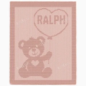 Ralph Teddy Bear Blanket Knitting Pattern showing a textured silhouette of a teddy bear reaching for a heart-shaped balloon with the name Ralph, on a solid single-color blush pink blanket with a garter stitch border, worked in one color, 130 stitches x 230 rows.