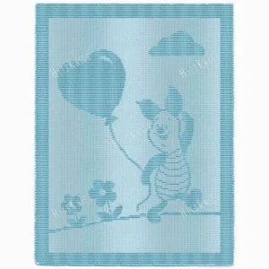 Piglet Balloon Blanket Easy Knitting Pattern showing a textured silhouette of Piglet walking with a heart-shaped balloon and waving hello, with a cloud and little flowers, on a solid single color blue blanket with a garter stitch border, knitted in one color, 180 stitches x 320 rows.