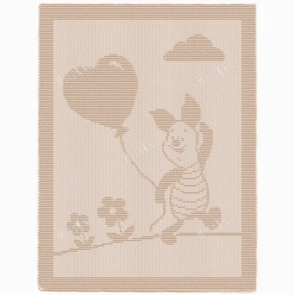 Piglet Balloon Blanket Easy Knitting Pattern showing a textured silhouette of Piglet walking with a heart-shaped balloon and waving hello, with a cloud and little flowers, on a solid single color blue blanket with a garter stitch border, knitted in one color, 180 stitches x 320 rows.
