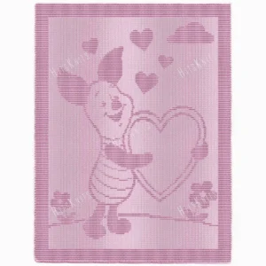 Cute Piglet Blanket Easy Knitting Pattern showing a textured silhouette of Piglet the little pig hugging a big heart under floating hearts, with clouds and flowers, on a solid single color blanket with a garter stitch border, worked in one color, 180 stitches x 320 rows.