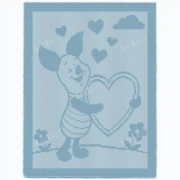 Cute Piglet Blanket Easy Knitting Pattern showing a textured silhouette of Piglet the little pig hugging a big heart under floating hearts, with clouds and flowers, on a solid single color blanket with a garter stitch border, worked in one color, 180 stitches x 320 rows.