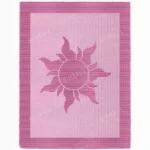 Rapunzel Princess Sun Blanket Knitting Pattern showing a textured silhouette of the Tangled sun with a round center and wavy flame-shaped rays, on a solid single-color blanket with a garter stitch border, worked in one color, 182 stitches x 322 rows.