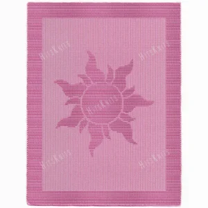 Rapunzel Princess Sun Blanket Knitting Pattern showing a textured silhouette of the Tangled sun with a round center and wavy flame-shaped rays, on a solid single-color blanket with a garter stitch border, worked in one color, 182 stitches x 322 rows.