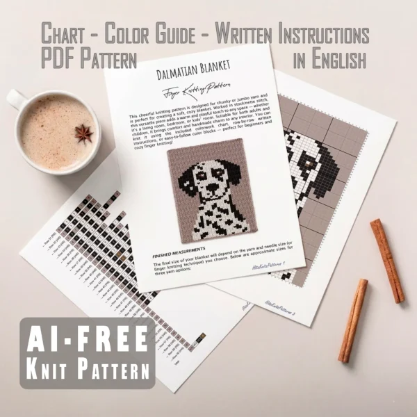 Dalmatian Dog Finger Knit Blanket Pattern - a black-and-white Dalmatian puppy with long floppy ears and brown eyes on a truffle background, knitted in stockinette colorwork intarsia with 4 colors: Truffle, Ivory, Black, Brown.