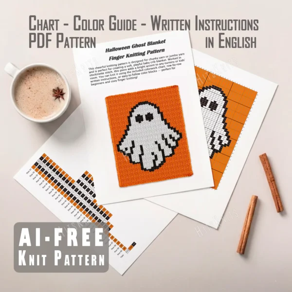 Halloween Ghost Finger Knit Blanket Pattern - a friendly white ghost with two dark eyes and a wavy hem on a bright orange background, knitted in stockinette colorwork intarsia with 3 colors: White, Orange, Black.