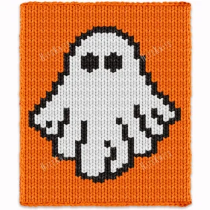 Halloween Ghost Finger Knit Blanket Pattern - a friendly white ghost with two dark eyes and a wavy hem on a bright orange background, knitted in stockinette colorwork intarsia with 3 colors: White, Orange, Black.
