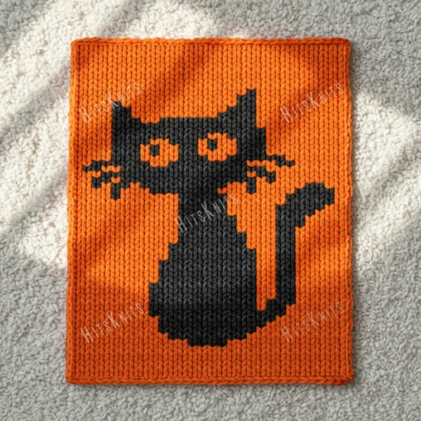 Halloween Cat Throw Finger Knitting Pattern - a black cat silhouette sitting upright with pointed ears, long whiskers, large orange eyes and a curling tail on an orange background, knitted in stockinette colorwork intarsia with 2 colors: Orange, Black.