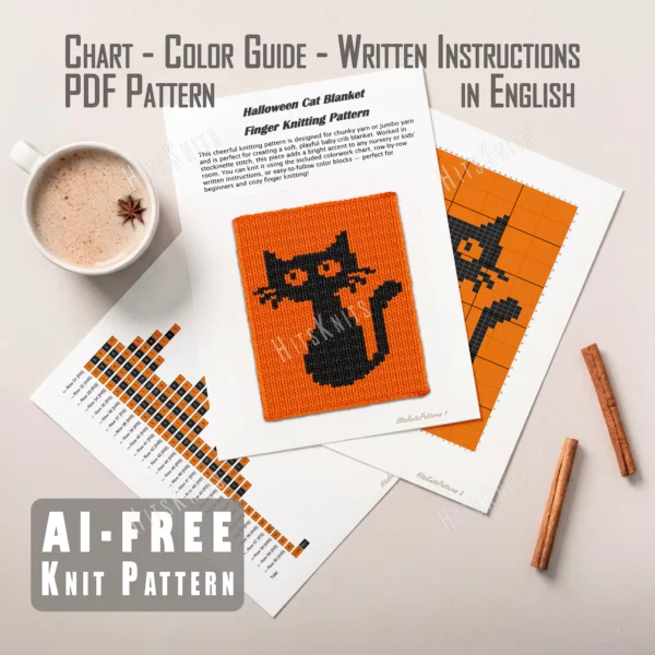 Halloween Cat Throw Finger Knitting Pattern - a black cat silhouette sitting upright with pointed ears, long whiskers, large orange eyes and a curling tail on an orange background, knitted in stockinette colorwork intarsia with 2 colors: Orange, Black.