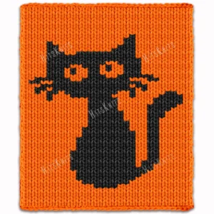 Halloween Cat Throw Finger Knitting Pattern - a black cat silhouette sitting upright with pointed ears, long whiskers, large orange eyes and a curling tail on an orange background, knitted in stockinette colorwork intarsia with 2 colors: Orange, Black.