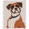 Boxer Dog Chunky Blanket Knitting Pattern - a sitting boxer dog with long floppy ears, big dark eyes, a brown nose, and a beige and brown coat on an ivory background, cute cozy mood, knitted in stockinette colorwork intarsia with 4 colors: Ivory, Beige, Brown, and Black.