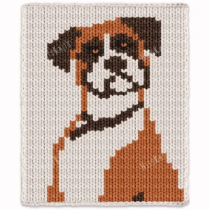 Boxer Dog Chunky Blanket Knitting Pattern - a sitting boxer dog with long floppy ears, big dark eyes, a brown nose, and a beige and brown coat on an ivory background, cute cozy mood, knitted in stockinette colorwork intarsia with 4 colors: Ivory, Beige, Brown, and Black.