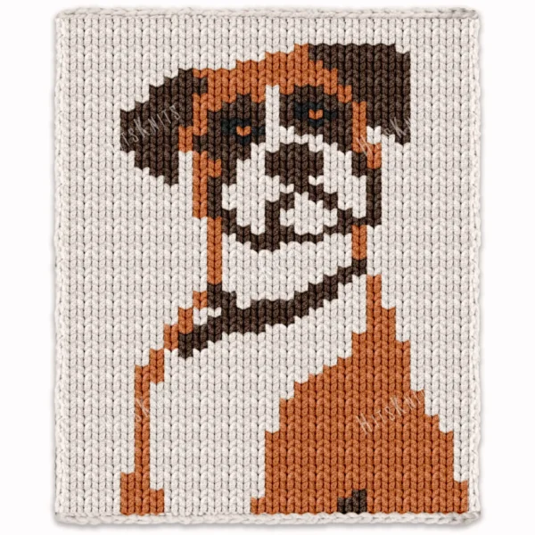Boxer Dog Chunky Blanket Knitting Pattern - a sitting boxer dog with long floppy ears, big dark eyes, a brown nose, and a beige and brown coat on an ivory background, cute cozy mood, knitted in stockinette colorwork intarsia with 4 colors: Ivory, Beige, Brown, and Black.