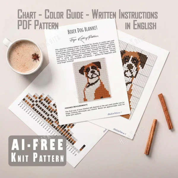 Boxer Dog Chunky Blanket Knitting Pattern - a sitting boxer dog with long floppy ears, big dark eyes, a brown nose, and a beige and brown coat on an ivory background, cute cozy mood, knitted in stockinette colorwork intarsia with 4 colors: Ivory, Beige, Brown, and Black.