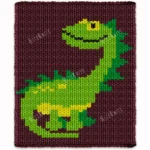 Dinosaur Throw Finger Knitting Pattern - a smiling longneck dinosaur with a lime green body, darker green spots, a yellow belly and a black eye and smile on a cranberry background, knitted in stockinette colorwork intarsia with 5 colors: Cranberry, Yellow, Lime, Green, Black.