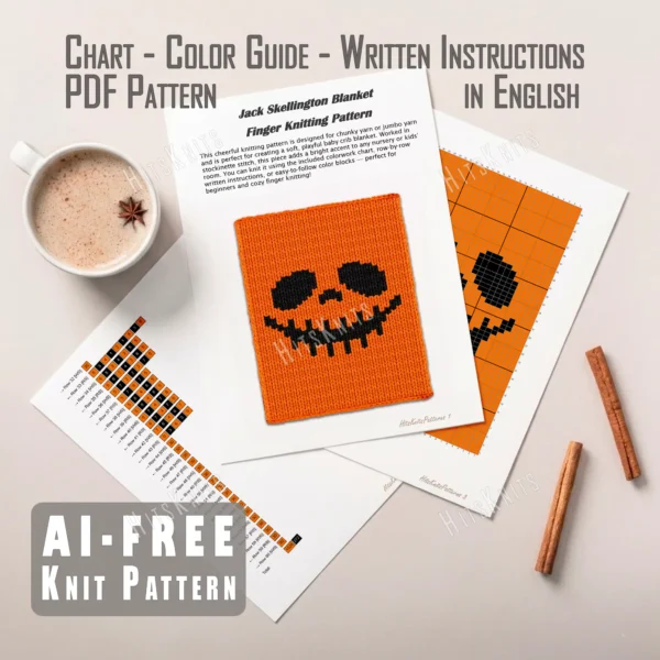 Jack Skellington Finger Knitting Pattern - a grinning skeleton face with large slanted oval eyes, a small triangular nose and a wide stitched smile on a bright orange background, knitted in stockinette colorwork intarsia with 2 colors: Orange, Black.
