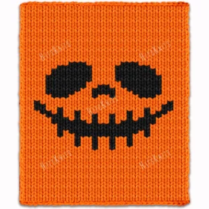 Jack Skellington Finger Knitting Pattern - a grinning skeleton face with large slanted oval eyes, a small triangular nose and a wide stitched smile on a bright orange background, knitted in stockinette colorwork intarsia with 2 colors: Orange, Black.
