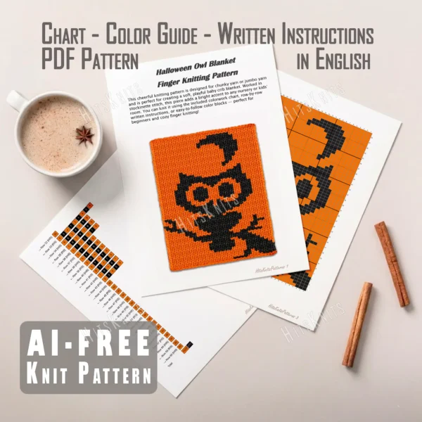Halloween Owl Throw Finger Knitting Pattern - a cute big-eyed owl silhouette perched on a tree branch with a crescent moon behind it on an orange night sky, knitted in stockinette colorwork intarsia with 2 colors: Orange, Black.