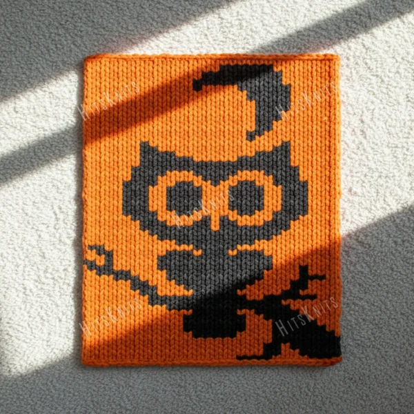 Halloween Owl Throw Finger Knitting Pattern - a cute big-eyed owl silhouette perched on a tree branch with a crescent moon behind it on an orange night sky, knitted in stockinette colorwork intarsia with 2 colors: Orange, Black.