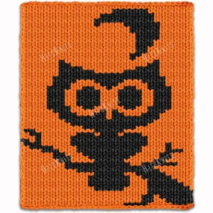 Halloween Owl Throw Finger Knitting Pattern - a cute big-eyed owl silhouette perched on a tree branch with a crescent moon behind it on an orange night sky, knitted in stockinette colorwork intarsia with 2 colors: Orange, Black.