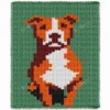 Pit Bull Dog Throw Finger Knitting Pattern - a sitting pit bull terrier with an orange coat, burgundy shading, a wide white blaze and a burgundy nose on a moss green background, knitted in stockinette colorwork intarsia with 5 colors: Moss, Orange, White, Burgundy, Black.