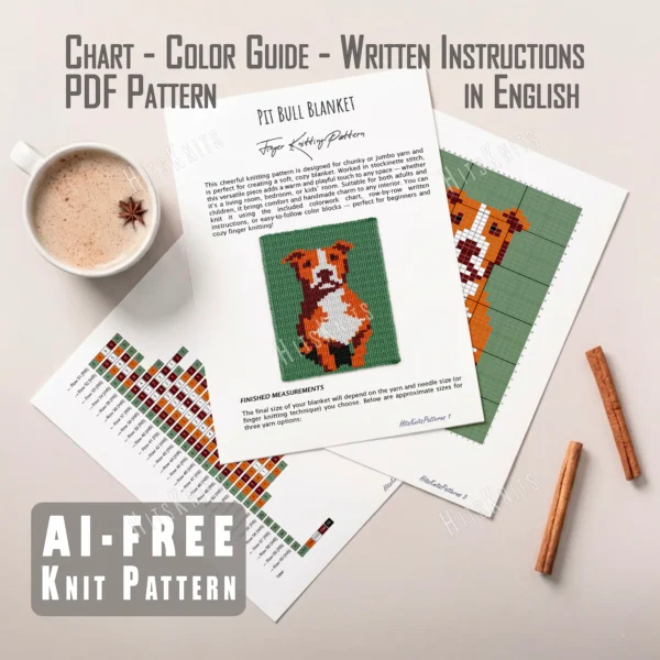 Pit Bull Dog Throw Finger Knitting Pattern - a sitting pit bull terrier with an orange coat, burgundy shading, a wide white blaze and a burgundy nose on a moss green background, knitted in stockinette colorwork intarsia with 5 colors: Moss, Orange, White, Burgundy, Black.