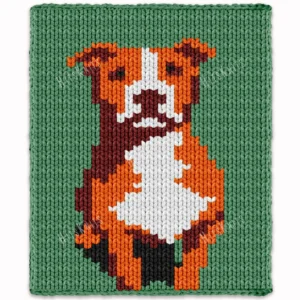 Pit Bull Dog Throw Finger Knitting Pattern - a sitting pit bull terrier with an orange coat, burgundy shading, a wide white blaze and a burgundy nose on a moss green background, knitted in stockinette colorwork intarsia with 5 colors: Moss, Orange, White, Burgundy, Black.