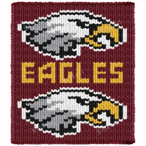 Eagles Team Chunky Throw Knitting Pattern - two bold eagle mascot heads in white, gray and black with golden hooked beaks, above and below the word EAGLES in gold letters on a deep maroon background, a game day football design, knitted in stockinette colorwork intarsia with 5 colors: Red, White, Black, Gold, Gray.