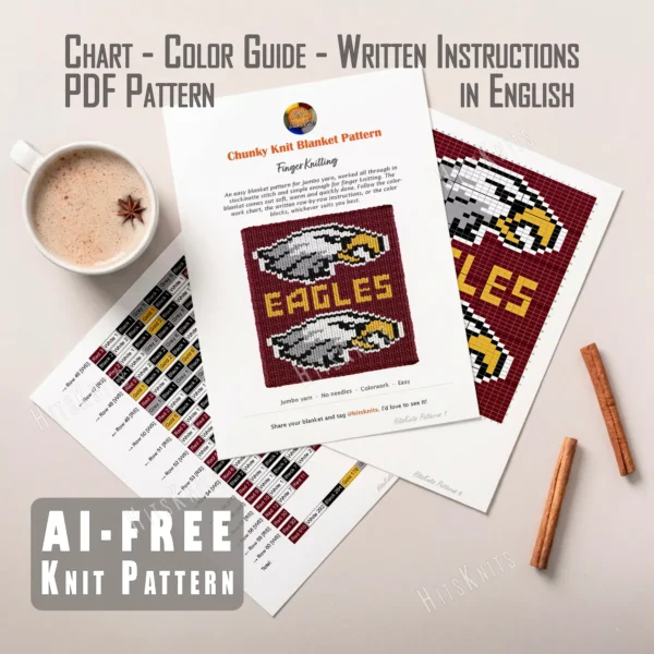 Eagles Team Chunky Throw Knitting Pattern - two bold eagle mascot heads in white, gray and black with golden hooked beaks, above and below the word EAGLES in gold letters on a deep maroon background, a game day football design, knitted in stockinette colorwork intarsia with 5 colors: Red, White, Black, Gold, Gray.