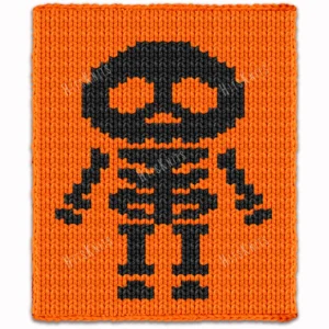 Halloween Skeleton Throw Knitting Pattern - a full body skeleton silhouette with wide orange eye sockets, a row of teeth, ribs and outstretched arms on a bright orange background, knitted in stockinette colorwork intarsia with 2 colors: Orange, Black.