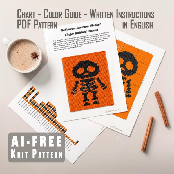 Halloween Skeleton Throw Knitting Pattern - a full body skeleton silhouette with wide orange eye sockets, a row of teeth, ribs and outstretched arms on a bright orange background, knitted in stockinette colorwork intarsia with 2 colors: Orange, Black.