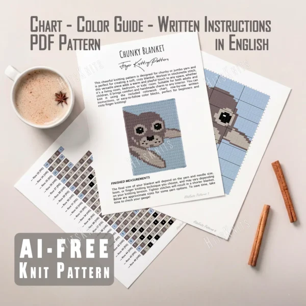 Baby Seal Blanket Finger Knitting Pattern - a cute baby fur seal with a round gray head, big dark eyes with white highlights, a silver muzzle with a black nose and whisker dots, and a front flipper on a sky blue background, knitted in stockinette colorwork intarsia with 5 colors: Sky, Gray, Silver, Black, and White.