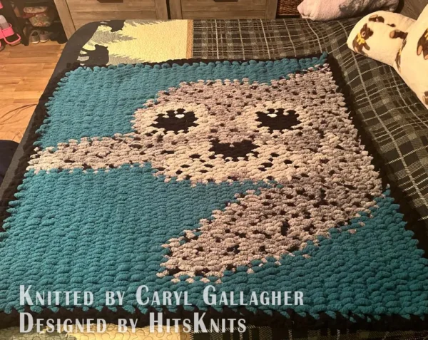 Baby Seal Blanket Finger Knitting Pattern - a cute baby fur seal with a round gray head, big dark eyes with white highlights, a silver muzzle with a black nose and whisker dots, and a front flipper on a sky blue background, knitted in stockinette colorwork intarsia with 5 colors: Sky, Gray, Silver, Black, and White.