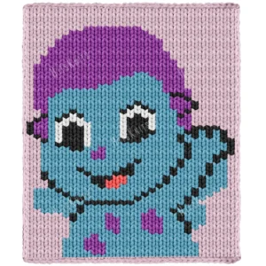 Bibble Chunky Throw Knitting Pattern - the blue puffball from Barbie: Fairytopia waving, with a purple tuft on a blush pink background, knitted in stockinette colorwork intarsia with 6 colors: Blue, Blush, Purple, Black, White, Red.