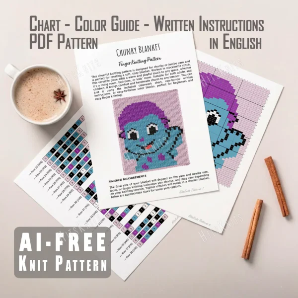 Bibble Chunky Throw Knitting Pattern - the blue puffball from Barbie: Fairytopia waving, with a purple tuft on a blush pink background, knitted in stockinette colorwork intarsia with 6 colors: Blue, Blush, Purple, Black, White, Red.