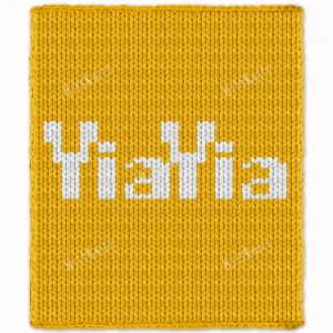YiaYia Grandma Chunky Throw Knitting Pattern - the Greek word for grandmother in white block lettering on a warm yellow background, knitted in stockinette colorwork intarsia with 2 colors: Yellow, White.