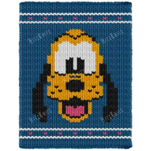 Pluto Dog Blanket Finger Knitting Pattern - a cheerful yellow cartoon dog with big floppy black ears, round eyes, a black nose, and a pink tongue on a blue background with striped borders, knitted in stockinette colorwork intarsia with 5 colors: Blue, Black, White, Yellow, Red.