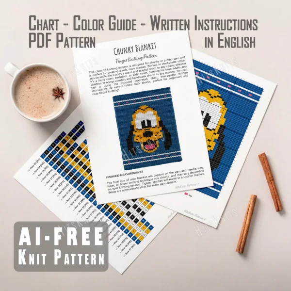 Pluto Dog Blanket Finger Knitting Pattern - a cheerful yellow cartoon dog with big floppy black ears, round eyes, a black nose, and a pink tongue on a blue background with striped borders, knitted in stockinette colorwork intarsia with 5 colors: Blue, Black, White, Yellow, Red.