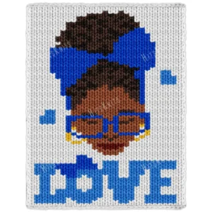 Love Yourself Finger Knit Blanket Pattern - motivational self-love portrait of an African American Black woman with an afro bun, a royal blue headband with a bow, blue glasses, gold hoop earrings and burgundy lips, above the word LOVE with floating hearts on a white background, knitted in stockinette colorwork intarsia with 8 colors: White, Royal Blue, Cornflower, Brown, Camel, Black, Gold, Burgundy.