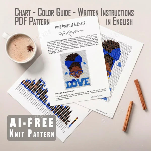 Love Yourself Finger Knit Blanket Pattern - motivational self-love portrait of an African American Black woman with an afro bun, a royal blue headband with a bow, blue glasses, gold hoop earrings and burgundy lips, above the word LOVE with floating hearts on a white background, knitted in stockinette colorwork intarsia with 8 colors: White, Royal Blue, Cornflower, Brown, Camel, Black, Gold, Burgundy.