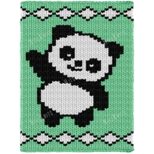 Panda Bear Blanket Finger Knitting Pattern - a cute standing panda waving one paw, with black ears, eye patches, arms and legs, a white face and tummy, on a mint green background with black-and-white borders, kawaii cozy mood, knitted in stockinette colorwork intarsia with 3 colors: Mint, Black, and White.