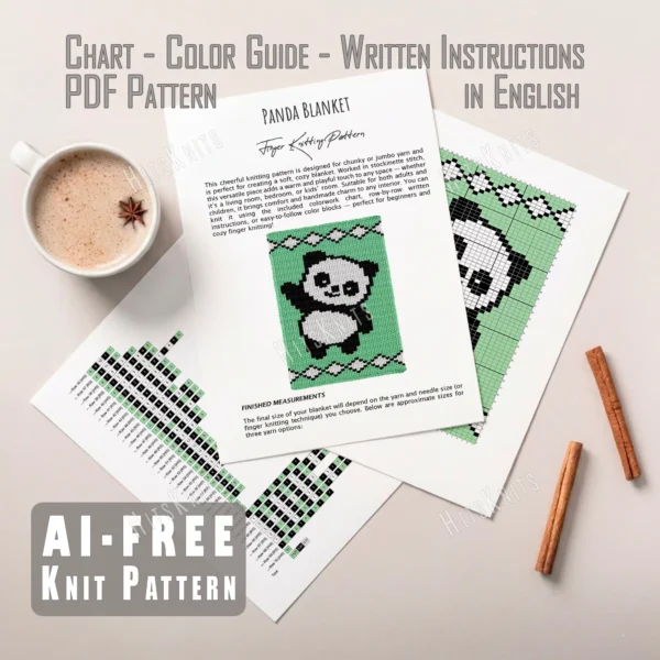Panda Bear Blanket Finger Knitting Pattern - a cute standing panda waving one paw, with black ears, eye patches, arms and legs, a white face and tummy, on a mint green background with black-and-white borders, kawaii cozy mood, knitted in stockinette colorwork intarsia with 3 colors: Mint, Black, and White.