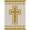 Christian Cross Finger Knit Blanket Pattern - gold Latin cross inside a golden outline on a cream background with gold geometric borders at top and bottom, a calm spiritual design, knitted in stockinette colorwork intarsia with 2 colors: Main Color, Gold.