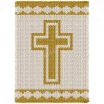 Christian Cross Finger Knit Blanket Pattern - gold Latin cross inside a golden outline on a cream background with gold geometric borders at top and bottom, a calm spiritual design, knitted in stockinette colorwork intarsia with 2 colors: Main Color, Gold.